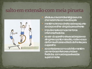 efectua uma corrida enérgica e uma chamada forte com os dois pés mantém o tronco direito os braços junto ao corpo e olhar dirigido para a frente impulsiona-te com os membros inferiores flectidos ao sair do aparelho eleva os braços e ao atingires o ponto mais alto, roda o corpo de forma a ficares voltado de frente para o aparelho ao contactares com o colchão mantém os membros inferiores unidos e flectidos, com os braços elevados superiormente 
