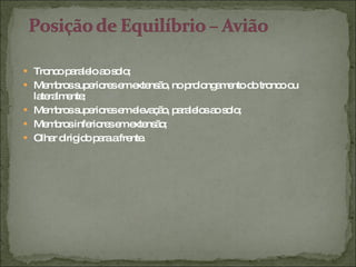 Tronco paralelo ao solo; Membros superiores em extensão, no prolongamento do tronco ou lateralmente; Membros superiores em elevação, paralelos ao solo; Membros inferiores em extensão; Olhar dirigido para a frente. 
