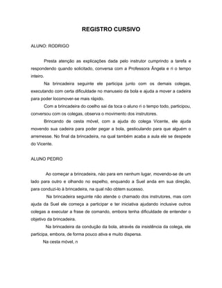 REGISTRO CURSIVO
ALUNO: RODRIGO
Presta atenção as explicações dada pelo instrutor cumprindo a tarefa e
respondendo quando solicitado, conversa com a Professora Ângela e ri o tempo
inteiro.
Na brincadeira seguinte ele participa junto com os demais colegas,
executando com certa dificuldade no manuseio da bola e ajuda a mover a cadeira
para poder locomover-se mais rápido.
Com a brincadeira do coelho sai da toca o aluno ri o tempo todo, participou,
conversou com os colegas, observa o movimento dos instrutores.
Brincando de cesta móvel, com a ajuda do colega Vicente, ele ajuda
movendo sua cadeira para poder pegar a bola, gesticulando para que alguém o
arremesse. No final da brincadeira, na qual também acaba a aula ele se despede
do Vicente.
ALUNO PEDRO
Ao começar a brincadeira, nào para em nenhum lugar, movendo-se de um
lado para outro e olhando no espelho, enquando a Suel anda em sua direção,
para conduzi-lo à brincadeira, na qual não obtem sucesso.
Na brincadeira seguinte não atende o chamado dos instrutores, mas com
ajuda da Suel ele começa a participar e ter iniciativa ajudando inclusive outros
colegas a executar a frase de comando, embora tenha dificuldade de entender o
objetivo da brincadeira.
Na brincadeira da condução da bola, através da insistência da colega, ele
participa, embora, de forma pouco ativa e muito dispersa.
Na cesta móvel, n
 