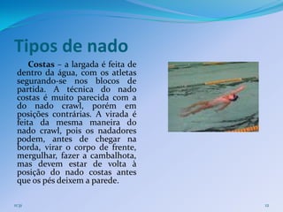 Tipos de nado
     Costas – a largada é feita de
 dentro da água, com os atletas
 segurando-se nos blocos de
 partida. A técnica do nado
 costas é muito parecida com a
 do nado crawl, porém em
 posições contrárias. A virada é
 feita da mesma maneira do
 nado crawl, pois os nadadores
 podem, antes de chegar na
 borda, virar o corpo de frente,
 mergulhar, fazer a cambalhota,
 mas devem estar de volta à
 posição do nado costas antes
 que os pés deixem a parede.

11:31                                12
 
