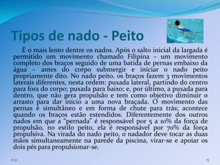 Tipos de nado - Peito
    É o mais lento dentre os nados. Após o salto inicial da largada é
 permitido um movimento chamado Filipina – um movimento
 completo dos braços seguido de uma batida de pernas embaixo da
 água – antes do corpo submergir e iniciar o nado peito
 propriamente dito. No nado peito, os braços fazem 3 movimentos
 laterais diferentes, nesta ordem: puxada lateral, partindo do centro
 para fora do corpo; puxada para baixo; e, por último, a puxada para
 dentro, que não gera propulsão e tem como objetivo diminuir o
 arrasto para dar início a uma nova braçada. O movimento das
 pernas é simultâneo e em forma de chute para trás; acontece
 quando os braços estão estendidos. Diferentemente dos outros
 nados em que a “pernada” é responsável por 5 a 10% da força de
 propulsão, no estilo peito, ela é responsável por 70% da força
 propulsiva. Na virada do nado peito, o nadador deve tocar as duas
 mãos simultaneamente na parede da piscina, virar-se e apoiar os
 dois pés para propulsionar-se.
11:31                                                               15
 