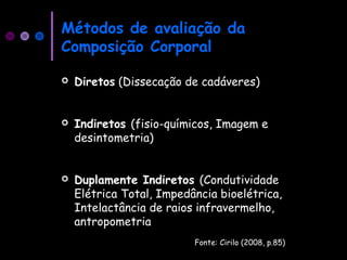 Métodos de avaliação da
Composição Corporal
 Diretos (Dissecação de cadáveres)
 Indiretos (fisio-químicos, Imagem e
desintometria)
 Duplamente Indiretos (Condutividade
Elétrica Total, Impedância bioelétrica,
Intelactância de raios infravermelho,
antropometria
Fonte: Cirilo (2008, p.85)
 