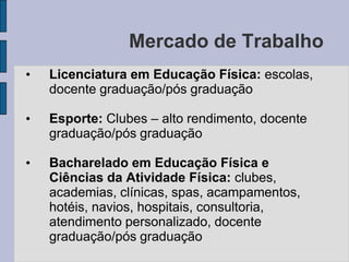 Escola de Educação Física e Esportes -– Cursos e habilitações – BA Ed. Física/Li Ed. Física/BA EsporteRegulamentação profissionalLei nº 9.696, de 1º de setembro de 1998   Dispõe sobre a regulamentação da Profissão de Educação Física e cria os respectivos Conselho Federal e Conselhos Regionais de Educação Física.