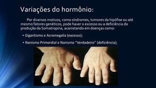 Variações do hormônio:
Por diversos motivos, como síndromes, tumores da hipófise ou até
mesmo fatores genéticos, pode haver o excesso ou a deficiência da
produção da Somatropina, acarretando em doenças como:
• Gigantismo e Acromegalia (excesso);
• Nanismo Primordial e Nanismo “Verdadeiro” (deficiência);
 