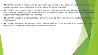  (EF12EF06): discutir a importância da observação das normas e das regras dos esportes de marca e de
precisão para assegurar a integridade própria e as dos demais participantes.
 (EF12EF07): experimentar, fruir e identificar diferentes elementos básicos da ginástica (equilíbrios, saltos,
giros, rotações, acrobacias, com e sem materiais) e da ginástica geral, de forma individual e em pequenos
grupos, adotando procedimentos de segurança.
 (EF12EF08): planejar e utilizar estratégias para a execução de diferentes elementos básicos da ginástica e da
ginástica geral.
 (EF12EF09): participar da ginástica geral, identificando as potencialidades e os limites do corpo, e
respeitando as diferenças individuais e de desempenho corporal.
 