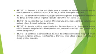  (EF35EF11): formular e utilizar estratégias para a execução de elementos constitutivos das
danças populares do Brasil e do mundo, e das danças de matriz indígena e africana.
 (EF35EF12): identificar situações de injustiça e preconceito geradas e/ou presentes no contexto
das danças e demais práticas corporais e discutir alternativas para superá-las.
 (EF35EF13): experimentar, fruir e recriar diferentes lutas presentes no contexto comunitário e
regional e lutas de matriz indígena e africana.
 (EF35EF14): planejar e utilizar estratégias básicas das lutas do contexto comunitário e regional
e lutas de matriz indígena e africana experimentadas, respeitando o colega como oponente e as
normas de segurança.
 (EF35EF15): Identificar as características das lutas do contexto comunitário e regional e lutas
de matriz indígena e africana, reconhecendo as diferenças entre lutas e brigas e entre lutas e as
demais práticas corporais.
 
