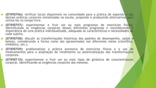 (EF89EF06): verificar locais disponíveis na comunidade para a prática de esportes e das
demais práticas corporais tematizadas na escola, propondo e produzindo alternativas para
utilizá-los no tempo livre.
 (EF89EF07): experimentar e fruir um ou mais programas de exercícios físicos,
identificando as exigências corporais desses diferentes programas e reconhecendo a
importância de uma prática individualizada, adequada às características e necessidades de
cada sujeito.
 (EF89EF08): discutir as transformações históricas dos padrões de desempenho, saúde e
beleza, considerando a forma como são apresentados nos diferentes meios (científico,
midiático, etc.).
 (EF89EF09): problematizar a prática excessiva de exercícios físicos e o uso de
medicamentos para a ampliação do rendimento ou potencialização das transformações
corporais.
 (EF89EF10): experimentar e fruir um ou mais tipos de ginástica de conscientização
corporal, identificando as exigências corporais dos mesmos.
 