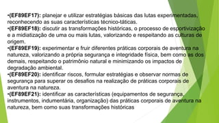 •(EF89EF17): planejar e utilizar estratégias básicas das lutas experimentadas,
reconhecendo as suas características técnico-táticas.
•(EF89EF18): discutir as transformações históricas, o processo de esportivização
e a midiatização de uma ou mais lutas, valorizando e respeitando as culturas de
origem.
•(EF89EF19): experimentar e fruir diferentes práticas corporais de aventura na
natureza, valorizando a própria segurança e integridade física, bem como as dos
demais, respeitando o patrimônio natural e minimizando os impactos de
degradação ambiental.
•(EF89EF20): identificar riscos, formular estratégias e observar normas de
segurança para superar os desafios na realização de práticas corporais de
aventura na natureza.
•(EF89EF21): identificar as características (equipamentos de segurança,
instrumentos, indumentária, organização) das práticas corporais de aventura na
natureza, bem como suas transformações históricas
 