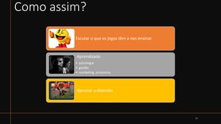 Como assim?
38
Escutar o que os jogos têm a nos ensinar.
Aprendizado
• psicologia
• gestão
• marketing, economia
Apreciar a diversão.
 