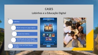 4
CASES
Lobinhos e a Educação Digital
Lobinhos
Muito tempo em jogos digitais
Estudo dos hábitos
Identificação do Clash Royale
como causa do tempo no celular
Solução: Criar um Clash Royale
Analógic
 