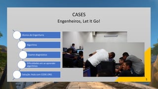 5
CASES
Engenheiros, Let It Go!
Alunos de Engenharia
Algoritmo
Exame diagnóstico
Dificuldades em se aprender
algoritmos
Solução: Aula com CODE.ORG
 
