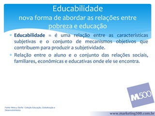 Educabilidade
nova forma de abordar as relações entre
pobreza e educação
 Educabilidade = é uma relação entre as características
subjetivas e o conjunto de mecanismos objetivos que
contribuem para produzir a subjetividade.
 Relação entre o aluno e o conjunto das relações sociais,
familiares, econômicas e educativas onde ele se encontra.

Fonte: Mino y Davila - Coleção Educação, Globalização e
Desenvolvimento

 