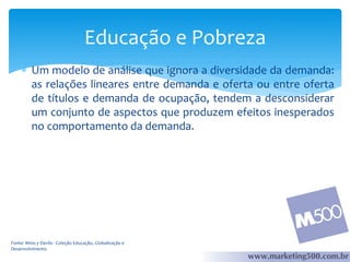 Educação e Pobreza
 Um modelo de análise que ignora a diversidade da demanda:
as relações lineares entre demanda e oferta ou entre oferta
de títulos e demanda de ocupação, tendem a desconsiderar
um conjunto de aspectos que produzem efeitos inesperados
no comportamento da demanda.

Fonte: Mino y Davila - Coleção Educação, Globalização e
Desenvolvimento

 