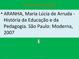 História da Educação

• ARANHA, Maria Lúcia de Arruda História da Educação e da
Pedagogia. São Paulo: Moderna,
2007

19/11/13

www.nilson.pro.br

26

 