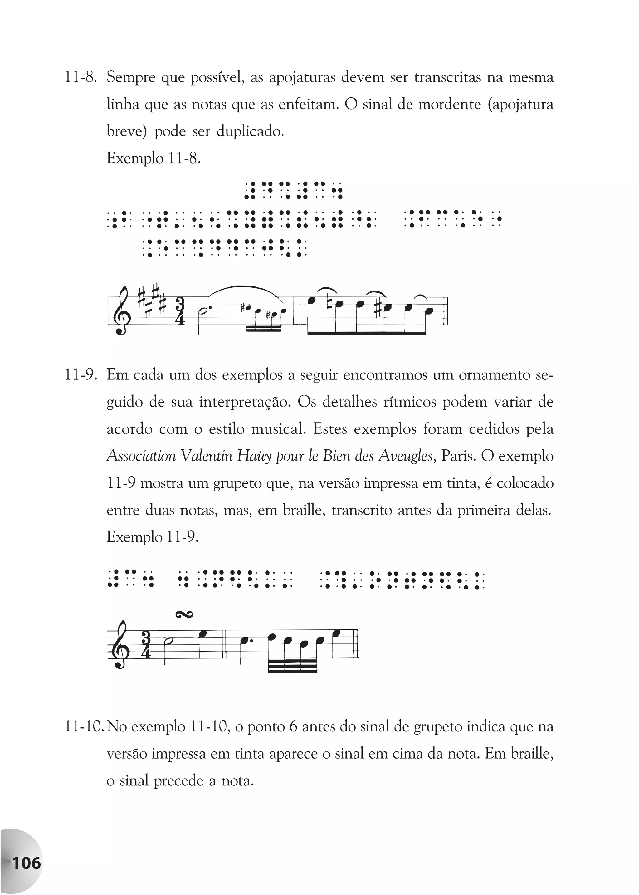 11-8. Sempre que possível, as apojaturas devem ser transcritas na mesma
            linha que as notas que as enfeitam. O sinal de mordente (apojatura
            breve) pode ser duplicado.
            Exemplo 11-8.




      11-9. Em cada um dos exemplos a seguir encontramos um ornamento se-
            guido de sua interpretação. Os detalhes rítmicos podem variar de
            acordo com o estilo musical. Estes exemplos foram cedidos pela
            Association Valentin Haüy pour le Bien des Aveugles, Paris. O exemplo
            11-9 mostra um grupeto que, na versão impressa em tinta, é colocado
            entre duas notas, mas, em braille, transcrito antes da primeira delas.
            Exemplo 11-9.




      11-10. No exemplo 11-10, o ponto 6 antes do sinal de grupeto indica que na
            versão impressa em tinta aparece o sinal em cima da nota. Em braille,
            o sinal precede a nota.




106
 