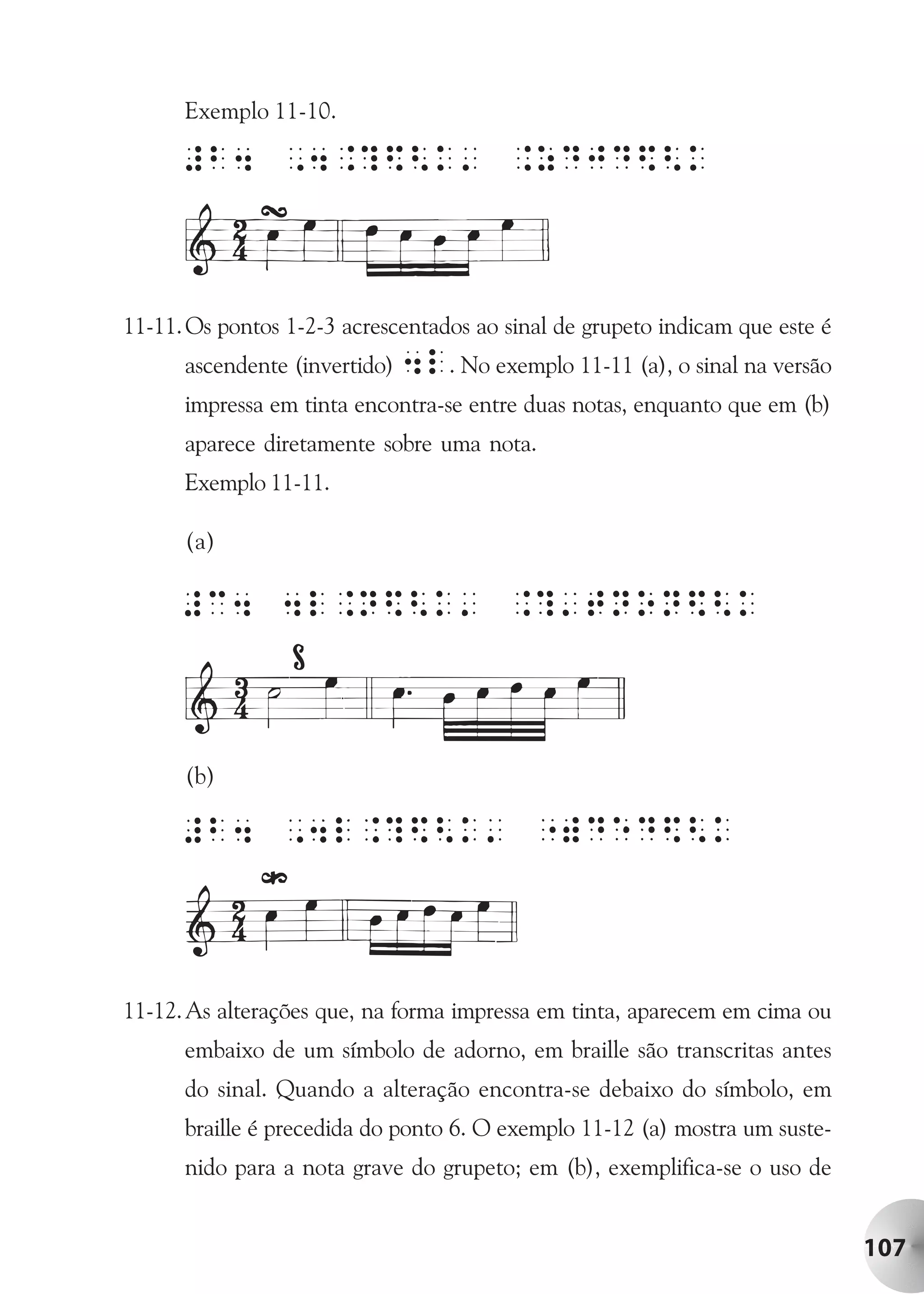 Exemplo 11-10.




11-11. Os pontos 1-2-3 acrescentados ao sinal de grupeto indicam que este é
      ascendente (invertido) 4l. No exemplo 11-11 (a), o sinal na versão
      impressa em tinta encontra-se entre duas notas, enquanto que em (b)
      aparece diretamente sobre uma nota.
      Exemplo 11-11.

      (a)




      (b)




11-12. As alterações que, na forma impressa em tinta, aparecem em cima ou
      embaixo de um símbolo de adorno, em braille são transcritas antes
      do sinal. Quando a alteração encontra-se debaixo do símbolo, em
      braille é precedida do ponto 6. O exemplo 11-12 (a) mostra um suste-
      nido para a nota grave do grupeto; em (b), exemplifica-se o uso de


                                                                              107
 