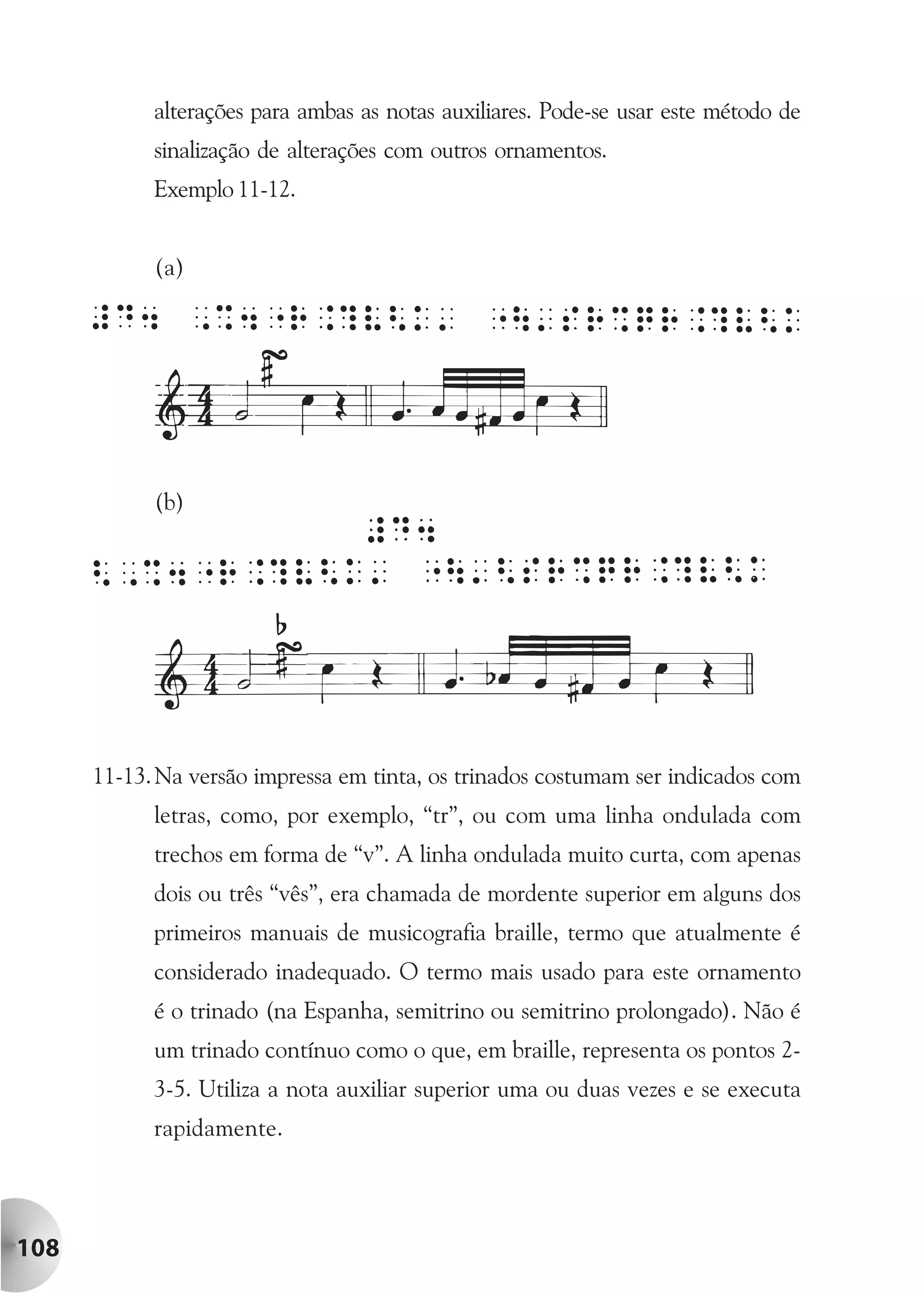 alterações para ambas as notas auxiliares. Pode-se usar este método de
            sinalização de alterações com outros ornamentos.
            Exemplo 11-12.


            (a)




            (b)




      11-13. Na versão impressa em tinta, os trinados costumam ser indicados com
            letras, como, por exemplo, “tr”, ou com uma linha ondulada com
            trechos em forma de “v”. A linha ondulada muito curta, com apenas
            dois ou três “vês”, era chamada de mordente superior em alguns dos
            primeiros manuais de musicografia braille, termo que atualmente é
            considerado inadequado. O termo mais usado para este ornamento
            é o trinado (na Espanha, semitrino ou semitrino prolongado). Não é
            um trinado contínuo como o que, em braille, representa os pontos 2-
            3-5. Utiliza a nota auxiliar superior uma ou duas vezes e se executa
            rapidamente.




108
 