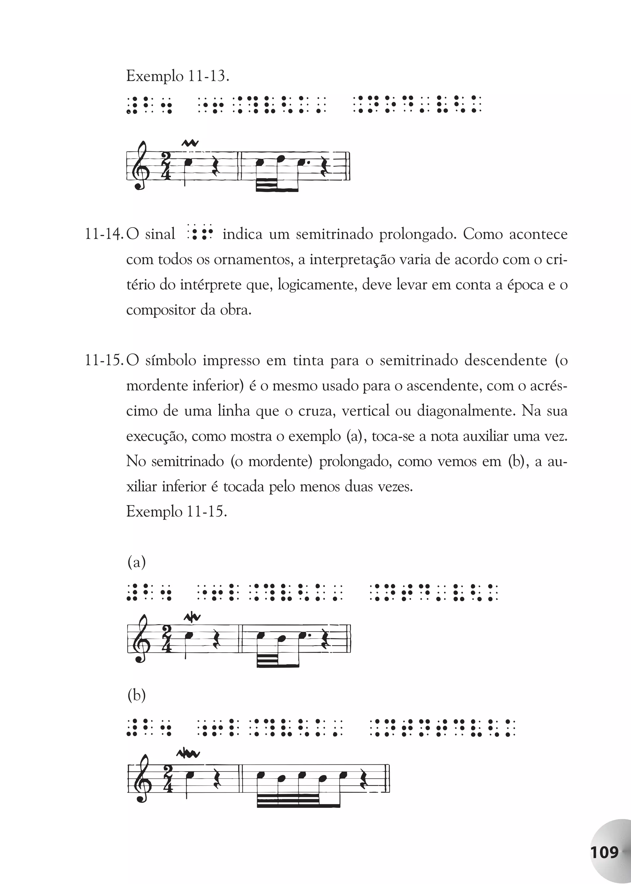Exemplo 11-13.




11-14. O sinal   ;6 indica um semitrinado prolongado. Como acontece
      com todos os ornamentos, a interpretação varia de acordo com o cri-
      tério do intérprete que, logicamente, deve levar em conta a época e o
      compositor da obra.


11-15. O símbolo impresso em tinta para o semitrinado descendente (o
      mordente inferior) é o mesmo usado para o ascendente, com o acrés-
      cimo de uma linha que o cruza, vertical ou diagonalmente. Na sua
      execução, como mostra o exemplo (a), toca-se a nota auxiliar uma vez.
      No semitrinado (o mordente) prolongado, como vemos em (b), a au-
      xiliar inferior é tocada pelo menos duas vezes.
      Exemplo 11-15.


      (a)




      (b)




                                                                              109
 