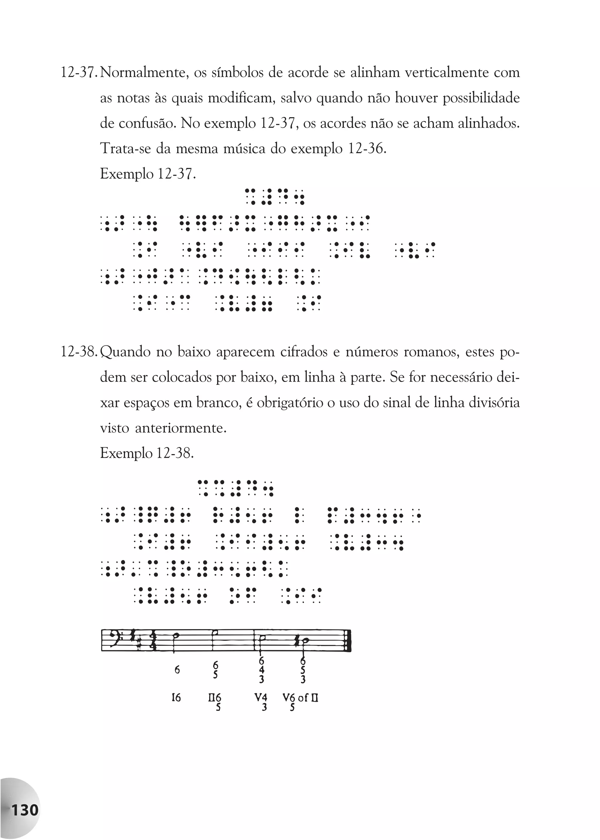 12-37. Normalmente, os símbolos de acorde se alinham verticalmente com
            as notas às quais modificam, salvo quando não houver possibilidade
            de confusão. No exemplo 12-37, os acordes não se acham alinhados.
            Trata-se da mesma música do exemplo 12-36.
            Exemplo 12-37.




      12-38. Quando no baixo aparecem cifrados e números romanos, estes po-
            dem ser colocados por baixo, em linha à parte. Se for necessário dei-
            xar espaços em branco, é obrigatório o uso do sinal de linha divisória
            visto anteriormente.
            Exemplo 12-38.




130
 