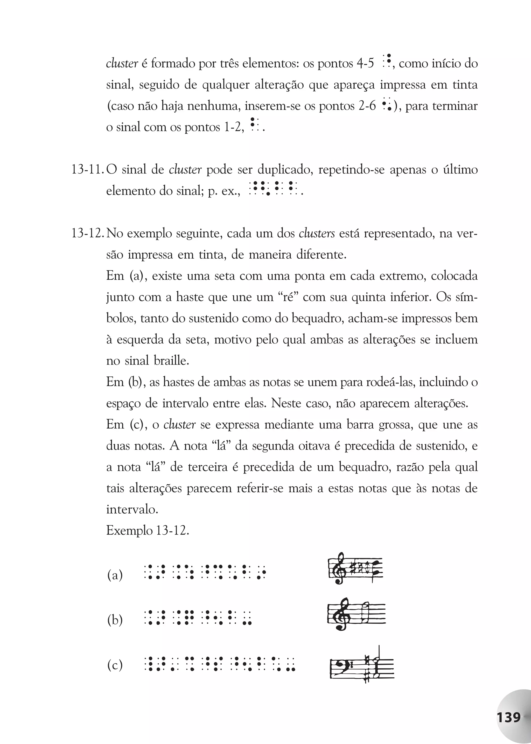 cluster é formado por três elementos: os pontos 4-5 ^, como início do
      sinal, seguido de qualquer alteração que apareça impressa em tinta
      (caso não haja nenhuma, inserem-se os pontos 2-6 5), para terminar
      o sinal com os pontos 1-2, b.


13-11. O sinal de cluster pode ser duplicado, repetindo-se apenas o último
      elemento do sinal; p. ex., ^<bb.


13-12. No exemplo seguinte, cada um dos clusters está representado, na ver-
      são impressa em tinta, de maneira diferente.
      Em (a), existe uma seta com uma ponta em cada extremo, colocada
      junto com a haste que une um “ré” com sua quinta inferior. Os sím-
      bolos, tanto do sustenido como do bequadro, acham-se impressos bem
      à esquerda da seta, motivo pelo qual ambas as alterações se incluem
      no sinal braille.
      Em (b), as hastes de ambas as notas se unem para rodeá-las, incluindo o
      espaço de intervalo entre elas. Neste caso, não aparecem alterações.
      Em (c), o cluster se expressa mediante uma barra grossa, que une as
      duas notas. A nota “lá” da segunda oitava é precedida de sustenido, e
      a nota “lá” de terceira é precedida de um bequadro, razão pela qual
      tais alterações parecem referir-se mais a estas notas que às notas de
      intervalo.
      Exemplo 13-12.


      (a)


      (b)


      (c)


                                                                                139
 