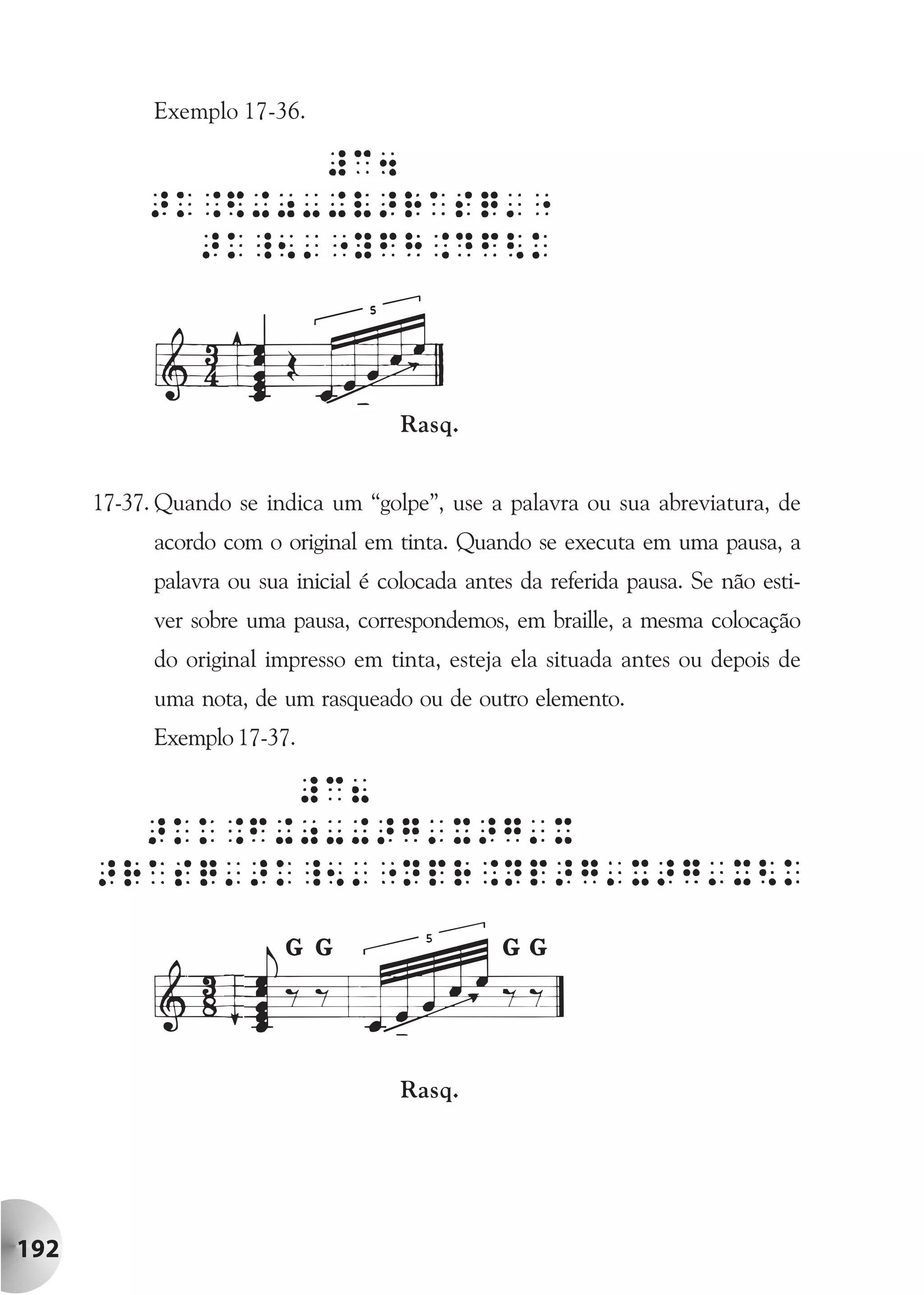 Exemplo 17-36.




                                       Rasq.


      17-37. Quando se indica um “golpe”, use a palavra ou sua abreviatura, de
            acordo com o original em tinta. Quando se executa em uma pausa, a
            palavra ou sua inicial é colocada antes da referida pausa. Se não esti-
            ver sobre uma pausa, correspondemos, em braille, a mesma colocação
            do original impresso em tinta, esteja ela situada antes ou depois de
            uma nota, de um rasqueado ou de outro elemento.
            Exemplo 17-37.




                                       Rasq.




192
 