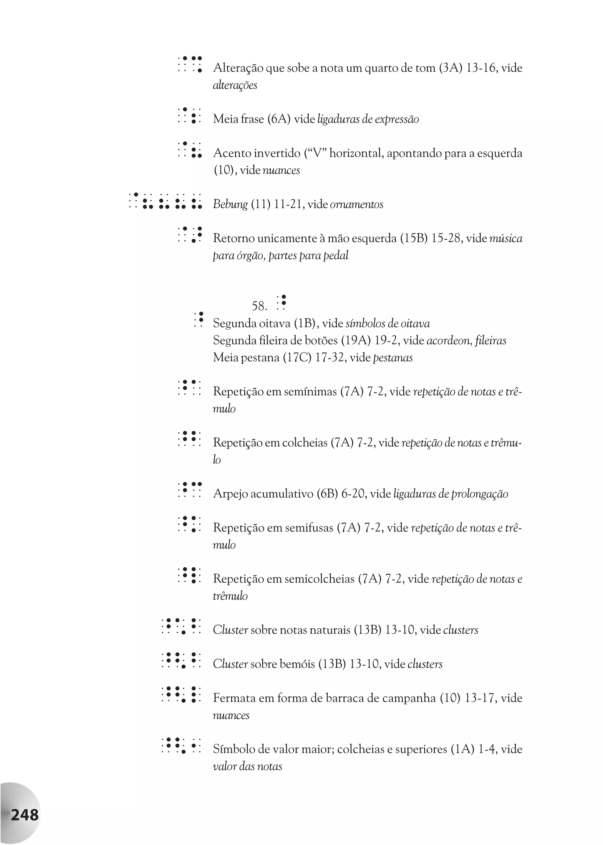 @%    Alteração que sobe a nota um quarto de tom (3A) 13-16, vide
              alterações

        @2    Meia frase (6A) vide ligaduras de expressão

        @8    Acento invertido (“V” horizontal, apontando para a esquerda
              (10), vide nuances

      @8888   Bebung (11) 11-21, vide ornamentos

         @>   Retorno unicamente à mão esquerda (15B) 15-28, vide música
              para órgão, partes para pedal



                     58.  ^
         ^    Segunda oitava (1B), vide símbolos de oitava
              Segunda fileira de botões (19A) 19-2, vide acordeon, fileiras
              Meia pestana (17C) 17-32, vide pestanas

        ^A    Repetição em semínimas (7A) 7-2, vide repetição de notas e trê-
              mulo

        ^b    Repetição em colcheias (7A) 7-2, vide repetição de notas e trêmu-
              lo

        ^c    Arpejo acumulativo (6B) 6-20, vide ligaduras de prolongação

        ^k    Repetição em semifusas (7A) 7-2, vide repetição de notas e trê-
              mulo

        ^l    Repetição em semicolcheias (7A) 7-2, vide repetição de notas e
              trêmulo

       ^*b    Cluster sobre notas naturais (13B) 13-10, vide clusters

       ^<b    Cluster sobre bemóis (13B) 13-10, vide clusters

       ^<l    Fermata em forma de barraca de campanha (10) 13-17, vide
              nuances

       ^<1    Símbolo de valor maior; colcheias e superiores (1A) 1-4, vide
              valor das notas


248
 