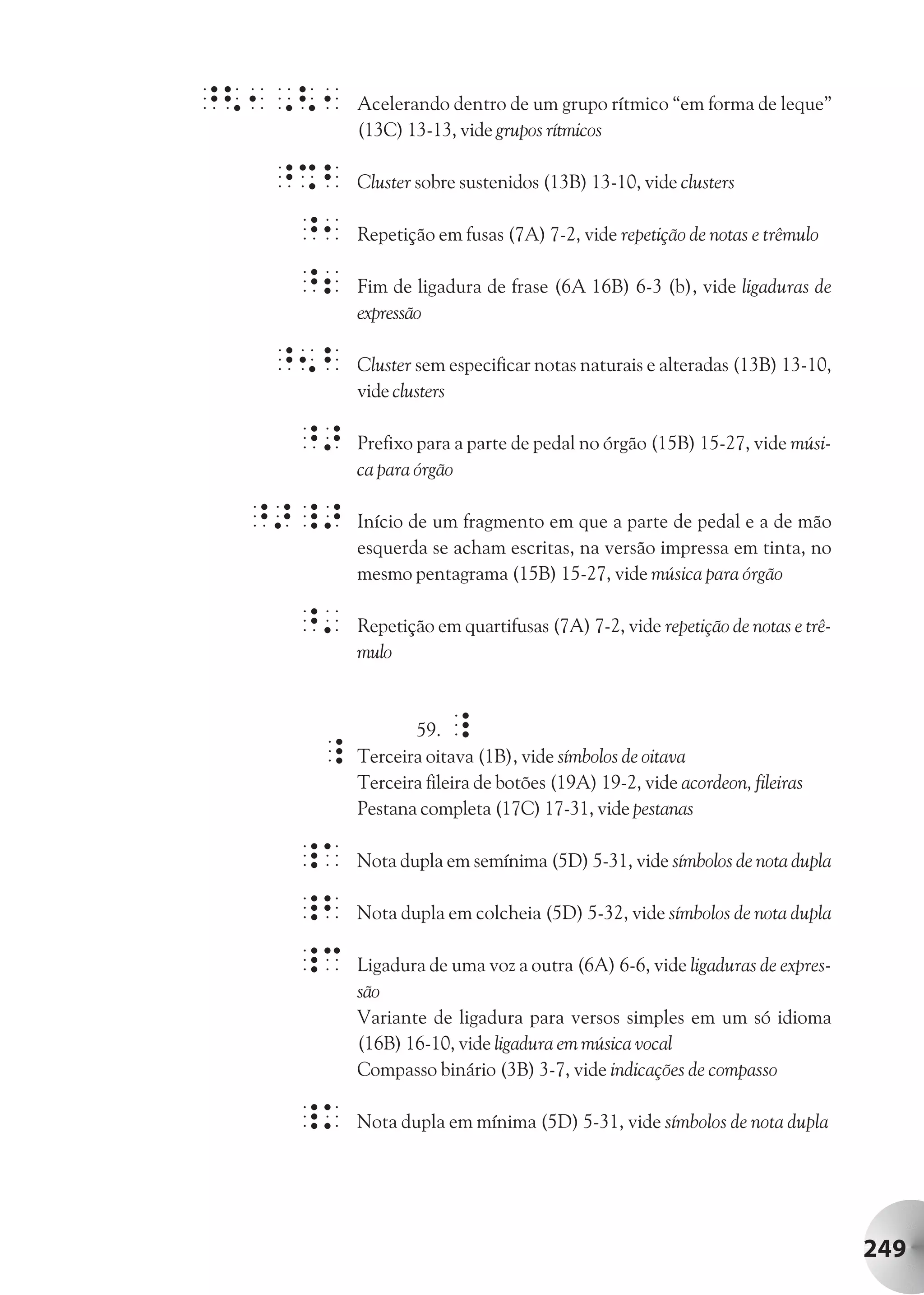 ^<1,<1   Acelerando dentro de um grupo rítmico “em forma de leque”
         (13C) 13-13, vide grupos rítmicos

   ^%b   Cluster sobre sustenidos (13B) 13-10, vide clusters

   ^1    Repetição em fusas (7A) 7-2, vide repetição de notas e trêmulo

   ^2    Fim de ligadura de frase (6A 16B) 6-3 (b), vide ligaduras de
         expressão

   ^5b   Cluster sem especificar notas naturais e alteradas (13B) 13-10,
         vide clusters

   ^>    Prefixo para a parte de pedal no órgão (15B) 15-27, vide músi-
         ca para órgão

  ^>_>   Início de um fragmento em que a parte de pedal e a de mão
         esquerda se acham escritas, na versão impressa em tinta, no
         mesmo pentagrama (15B) 15-27, vide música para órgão

   ^'    Repetição em quartifusas (7A) 7-2, vide repetição de notas e trê-
         mulo



                59.  _
     _   Terceira oitava (1B), vide símbolos de oitava
         Terceira fileira de botões (19A) 19-2, vide acordeon, fileiras
         Pestana completa (17C) 17-31, vide pestanas

   _A    Nota dupla em semínima (5D) 5-31, vide símbolos de nota dupla

   _b    Nota dupla em colcheia (5D) 5-32, vide símbolos de nota dupla

   _c    Ligadura de uma voz a outra (6A) 6-6, vide ligaduras de expres-
         são
         Variante de ligadura para versos simples em um só idioma
         (16B) 16-10, vide ligadura em música vocal
         Compasso binário (3B) 3-7, vide indicações de compasso

   _k    Nota dupla em mínima (5D) 5-31, vide símbolos de nota dupla




                                                                             249
 