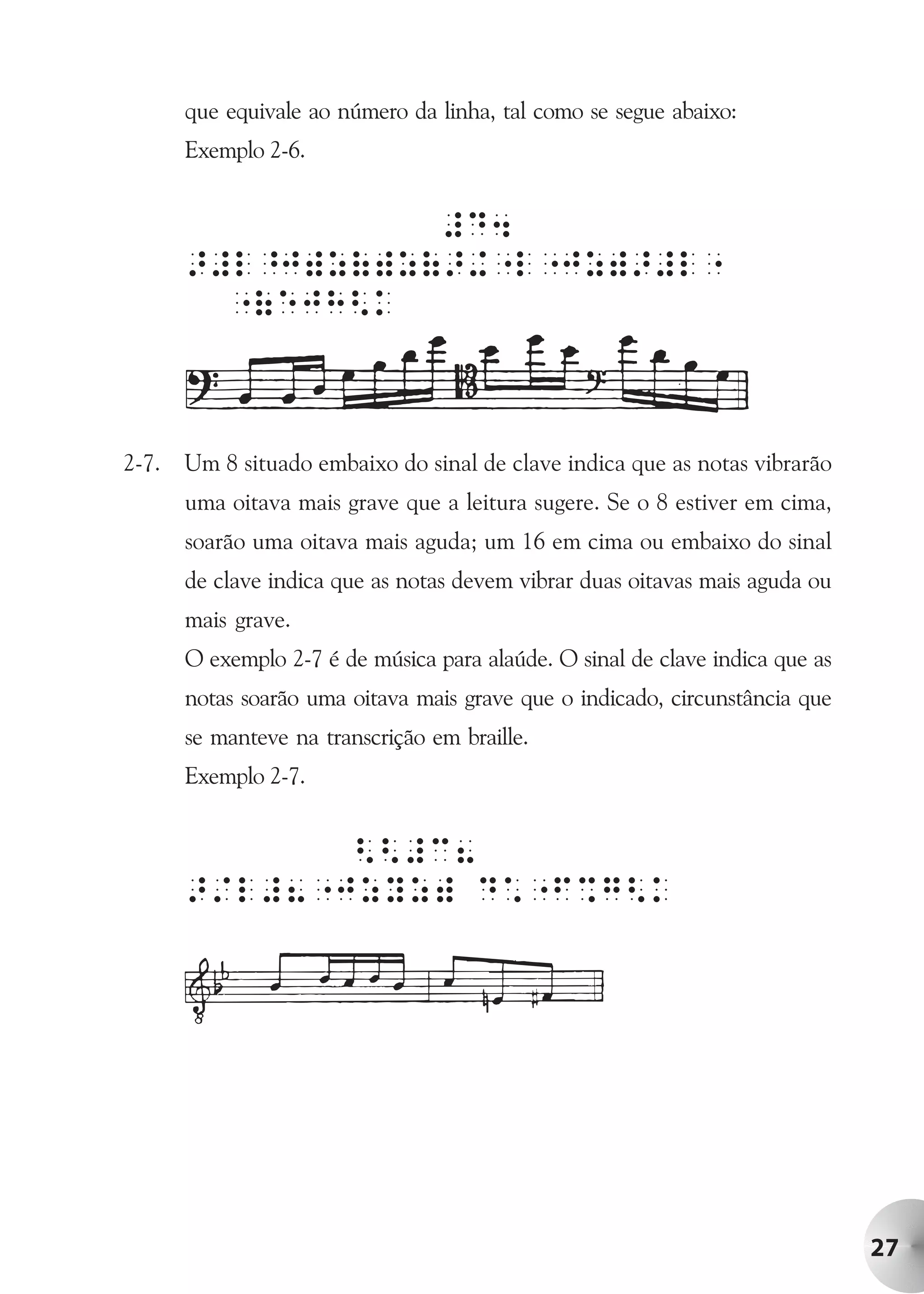 que equivale ao número da linha, tal como se segue abaixo:
       Exemplo 2-6.


                  #D4
       >#l^J)z()z(>+"l"Jz)>#l"
         "(eJH<k



2-7.   Um 8 situado embaixo do sinal de clave indica que as notas vibrarão
       uma oitava mais grave que a leitura sugere. Se o 8 estiver em cima,
       soarão uma oitava mais aguda; um 16 em cima ou embaixo do sinal
       de clave indica que as notas devem vibrar duas oitavas mais aguda ou
       mais grave.
       O exemplo 2-7 é de música para alaúde. O sinal de clave indica que as
       notas soarão uma oitava mais grave que o indicado, circunstância que
       se manteve na transcrição em braille.
       Exemplo 2-7.


              <<#c8
       >/l#8"JzYz) D*"F%g<k




                                                                               27
 