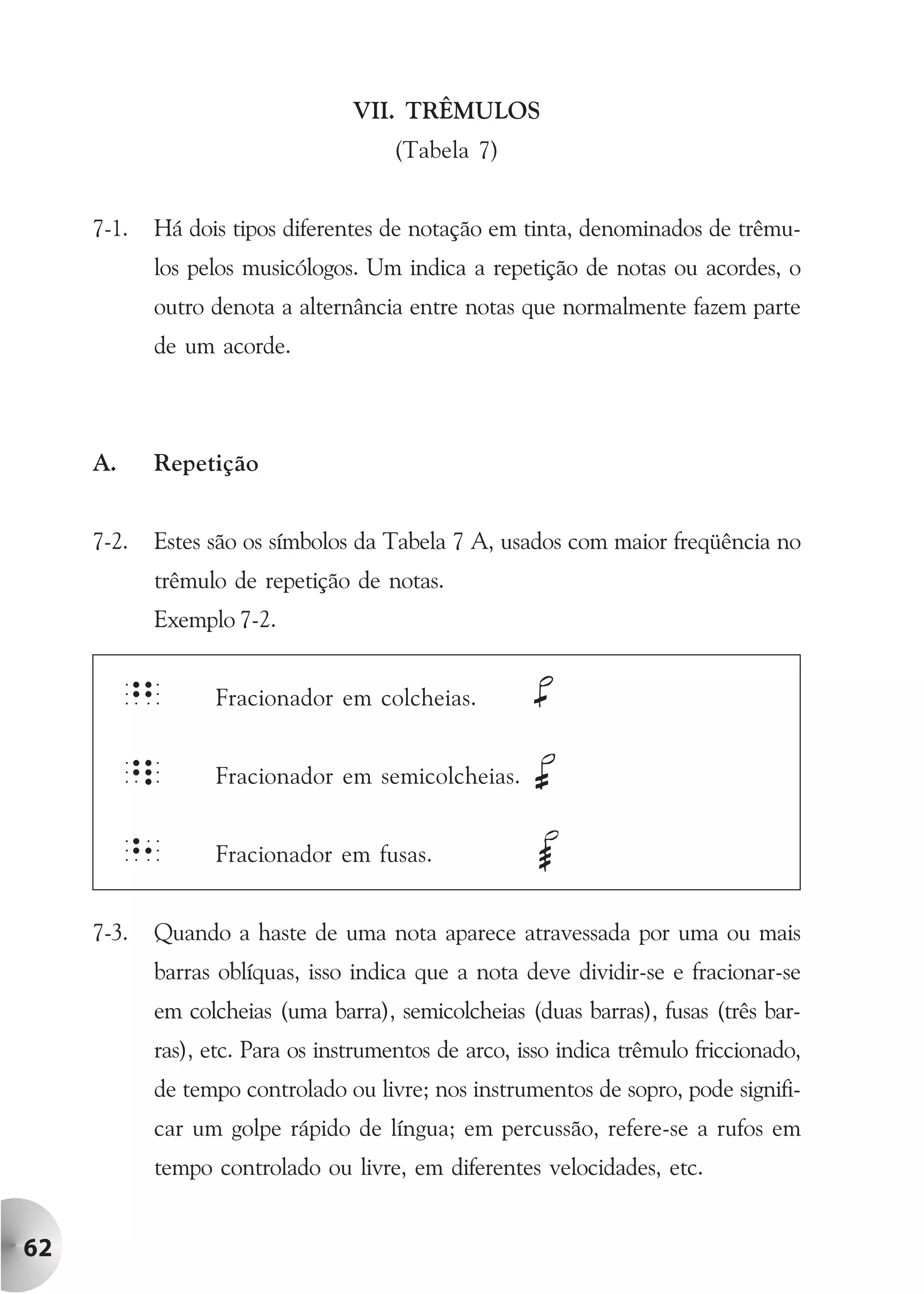 VII. TRÊMULOS
                                       (Tabela 7)


     7-1.   Há dois tipos diferentes de notação em tinta, denominados de trêmu-
            los pelos musicólogos. Um indica a repetição de notas ou acordes, o
            outro denota a alternância entre notas que normalmente fazem parte
            de um acorde.



     A.     Repetição


     7-2.   Estes são os símbolos da Tabela 7 A, usados com maior freqüência no
            trêmulo de repetição de notas.
            Exemplo 7-2.


          ^b      Fracionador em colcheias.


          ^l      Fracionador em semicolcheias.


          ^1      Fracionador em fusas.


     7-3.   Quando a haste de uma nota aparece atravessada por uma ou mais
            barras oblíquas, isso indica que a nota deve dividir-se e fracionar-se
            em colcheias (uma barra), semicolcheias (duas barras), fusas (três bar-
            ras), etc. Para os instrumentos de arco, isso indica trêmulo friccionado,
            de tempo controlado ou livre; nos instrumentos de sopro, pode signifi-
            car um golpe rápido de língua; em percussão, refere-se a rufos em
            tempo controlado ou livre, em diferentes velocidades, etc.


62
 