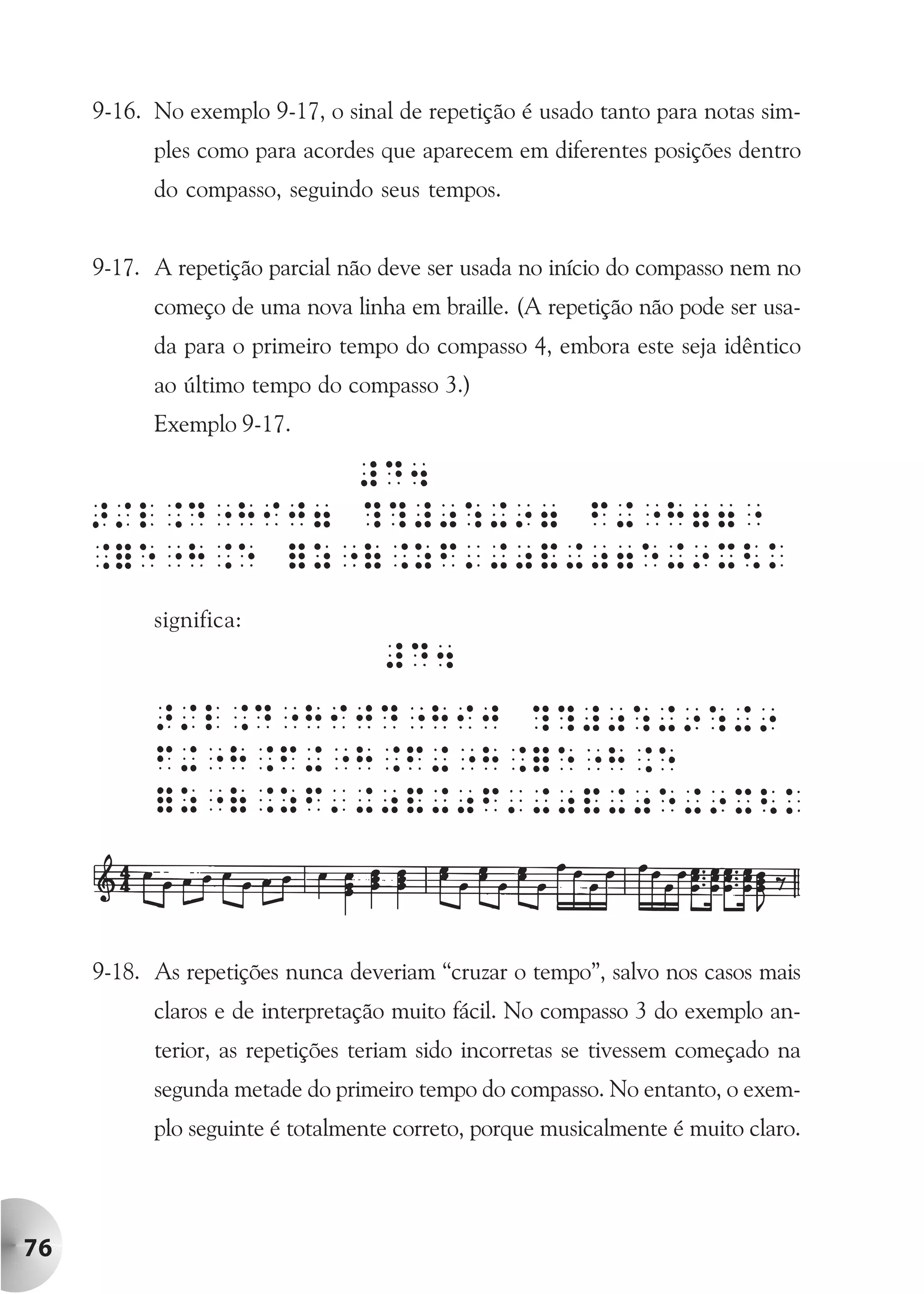 9-16. No exemplo 9-17, o sinal de repetição é usado tanto para notas sim-
           ples como para acordes que aparecem em diferentes posições dentro
           do compasso, seguindo seus tempos.


     9-17. A repetição parcial não deve ser usada no início do compasso nem no
           começo de uma nova linha em braille. (A repetição não pode ser usa-
           da para o primeiro tempo do compasso 4, embora este seja idêntico
           ao último tempo do compasso 3.)
           Exemplo 9-17.




           significa:




     9-18. As repetições nunca deveriam “cruzar o tempo”, salvo nos casos mais
           claros e de interpretação muito fácil. No compasso 3 do exemplo an-
           terior, as repetições teriam sido incorretas se tivessem começado na
           segunda metade do primeiro tempo do compasso. No entanto, o exem-
           plo seguinte é totalmente correto, porque musicalmente é muito claro.




76
 