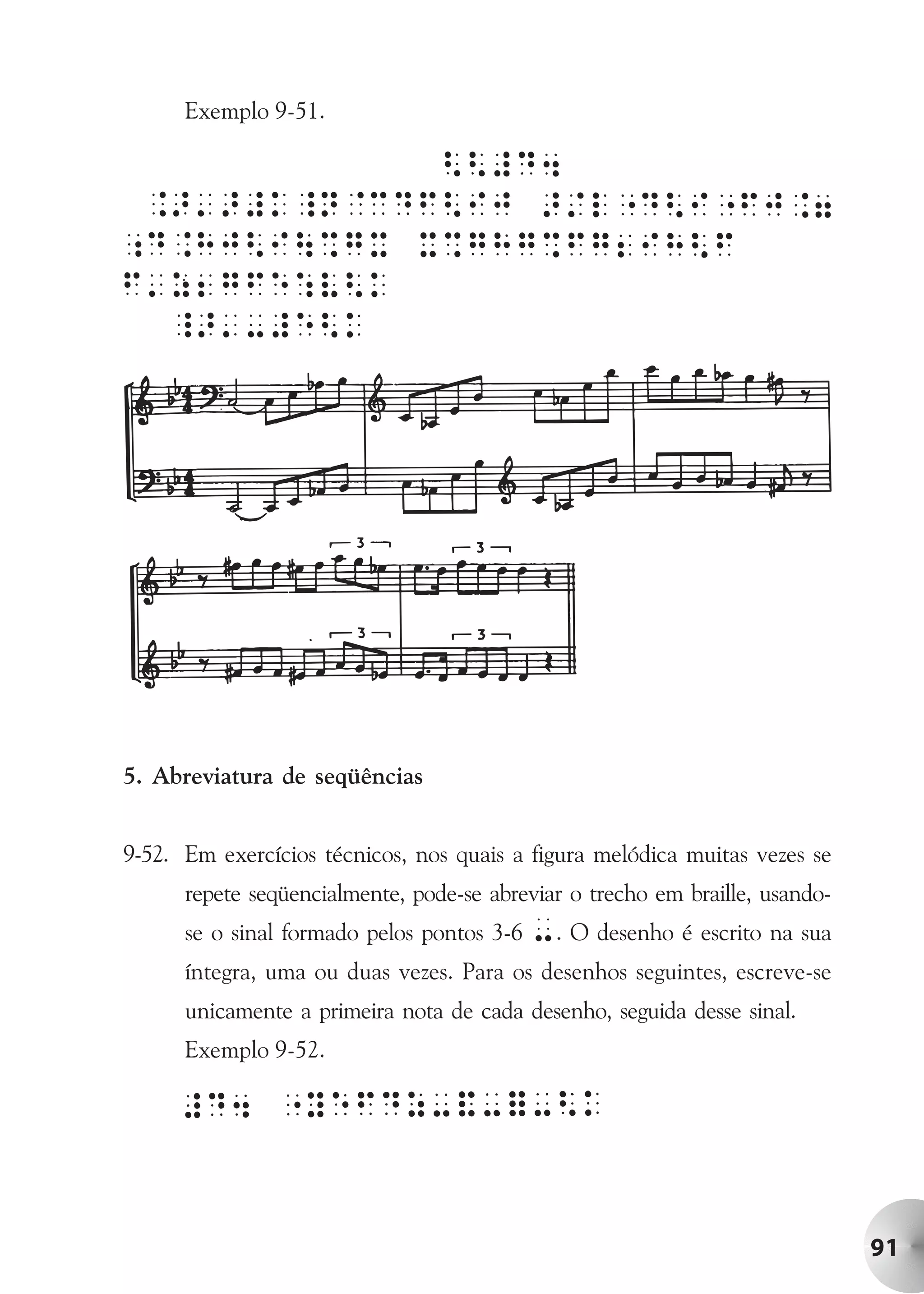 Exemplo 9-51.




5. Abreviatura de seqüências


9-52. Em exercícios técnicos, nos quais a figura melódica muitas vezes se
      repete seqüencialmente, pode-se abreviar o trecho em braille, usando-
      se o sinal formado pelos pontos 3-6   -. O desenho é escrito na sua
      íntegra, uma ou duas vezes. Para os desenhos seguintes, escreve-se
      unicamente a primeira nota de cada desenho, seguida desse sinal.
      Exemplo 9-52.




                                                                              91
 