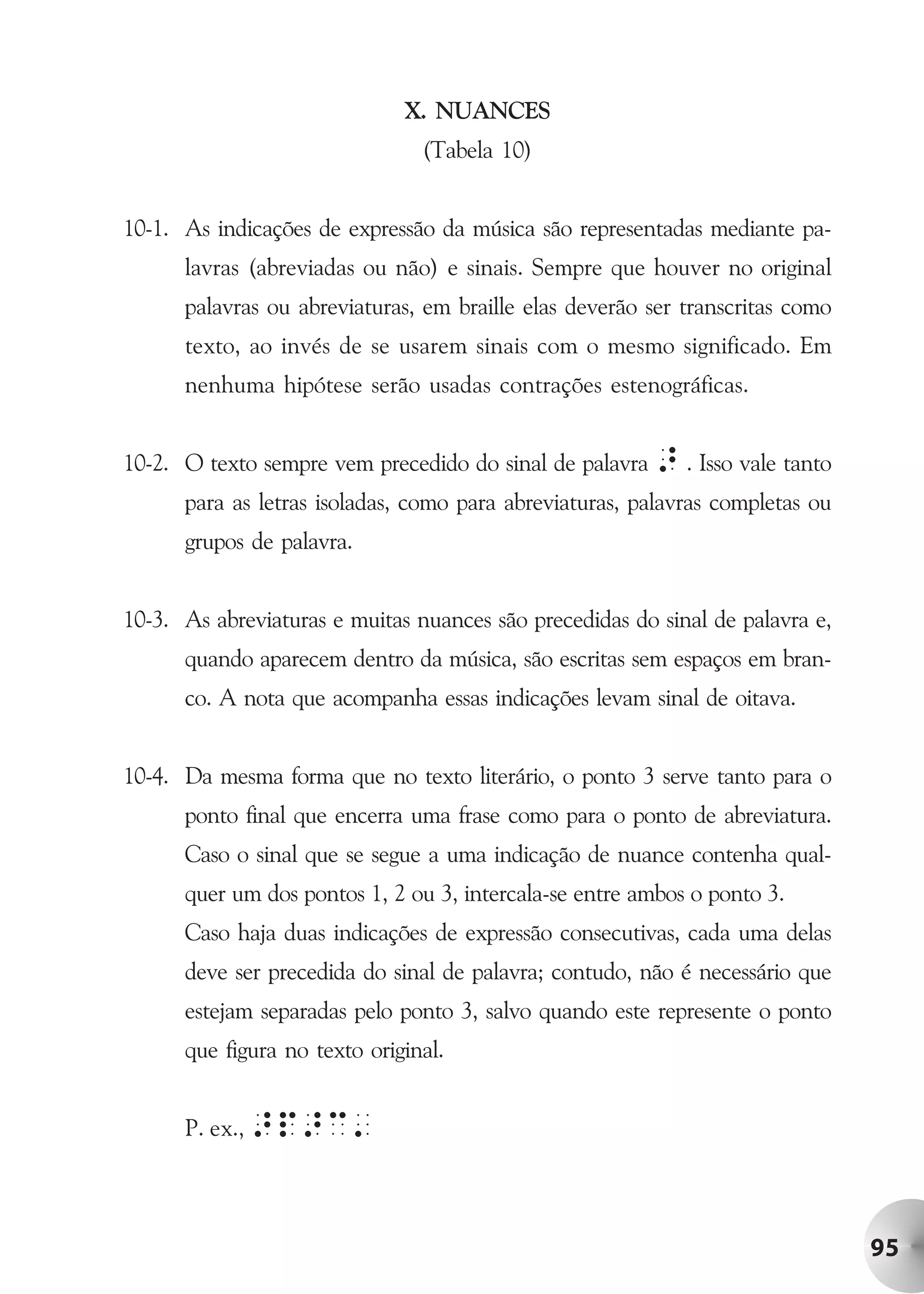 X. NUANCES
                                (Tabela 10)


10-1. As indicações de expressão da música são representadas mediante pa-
      lavras (abreviadas ou não) e sinais. Sempre que houver no original
      palavras ou abreviaturas, em braille elas deverão ser transcritas como
      texto, ao invés de se usarem sinais com o mesmo significado. Em
      nenhuma hipótese serão usadas contrações estenográficas.


10-2. O texto sempre vem precedido do sinal de palavra > . Isso vale tanto
      para as letras isoladas, como para abreviaturas, palavras completas ou
      grupos de palavra.


10-3. As abreviaturas e muitas nuances são precedidas do sinal de palavra e,
      quando aparecem dentro da música, são escritas sem espaços em bran-
      co. A nota que acompanha essas indicações levam sinal de oitava.


10-4. Da mesma forma que no texto literário, o ponto 3 serve tanto para o
      ponto final que encerra uma frase como para o ponto de abreviatura.
      Caso o sinal que se segue a uma indicação de nuance contenha qual-
      quer um dos pontos 1, 2 ou 3, intercala-se entre ambos o ponto 3.
      Caso haja duas indicações de expressão consecutivas, cada uma delas
      deve ser precedida do sinal de palavra; contudo, não é necessário que
      estejam separadas pelo ponto 3, salvo quando este represente o ponto
      que figura no texto original.


      P. ex., >p>c'




                                                                               95
 