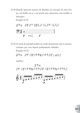 10-19. Quando aparecem nuances de dinâmica na execução de notas lon-
      gas, em braille usa-se o em acorde para representar com exatidão as
      alterações.
      Exemplo 10-19.




10-20. Os sinais de repetição podem ser usados juntamente com as nuances,
      contanto que estes fiquem perfeitamente definidos.
      Exemplo 10-20.



      significa:




                                                                            101
 
