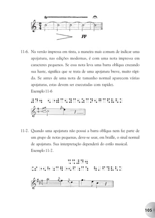 11-6. Na versão impressa em tinta, a maneira mais comum de indicar uma
      apojatura, nas edições modernas, é com uma nota impressa em
      caracteres pequenos. Se essa nota leva uma barra oblíqua cruzando
      sua haste, significa que se trata de uma apojatura breve, muito rápi-
      da. Se antes de uma nota de tamanho normal aparecem várias
      apojaturas, estas devem ser executadas com rapidez.
      Exemplo 11-6




11-7. Quando uma apojatura não possui a barra oblíqua nem faz parte de
      um grupo de notas pequenas, deve-se usar, em braille, o sinal normal
      de apojatura. Sua interpretação dependerá do estilo musical.
      Exemplo 11-7.




                                                                              105
 