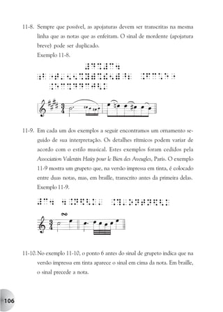 11-8. Sempre que possível, as apojaturas devem ser transcritas na mesma
            linha que as notas que as enfeitam. O sinal de mordente (apojatura
            breve) pode ser duplicado.
            Exemplo 11-8.




      11-9. Em cada um dos exemplos a seguir encontramos um ornamento se-
            guido de sua interpretação. Os detalhes rítmicos podem variar de
            acordo com o estilo musical. Estes exemplos foram cedidos pela
            Association Valentin Haüy pour le Bien des Aveugles, Paris. O exemplo
            11-9 mostra um grupeto que, na versão impressa em tinta, é colocado
            entre duas notas, mas, em braille, transcrito antes da primeira delas.
            Exemplo 11-9.




      11-10. No exemplo 11-10, o ponto 6 antes do sinal de grupeto indica que na
            versão impressa em tinta aparece o sinal em cima da nota. Em braille,
            o sinal precede a nota.




106
 