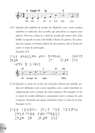 12-9. Quando dois símbolos de acorde são alinhados com o texto, podem
            também ser indicados dois acordes que precedem ou seguem uma
            palavra. Para isso, coloca-se o sinal de acorde pelo menos duas celas
            braille à esquerda ou uma cela braille à direita da palavra. Na conta-
            gem dos espaços em branco depois de uma palavra, não se levam em
            conta os sinais de pontuação.
            Exemplo 12-9.




      12-10. Quando os sinais de acorde são colocados debaixo da melodia, po-
            dem ser alinhados com a nota específica com a qual coincidem ou
            simplesmente com o começo de cada compasso. No exemplo 12-10,
            os sinais de acorde alinham-se unicamente com o começo de cada
            compasso, deixando um espaço em branco entre os sinais de acorde.
            Exemplo 12-10.




116
 