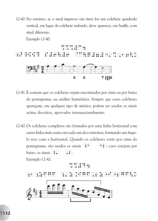 12-40. No entanto, se o sinal impresso em tinta for um colchete quadrado
            vertical, em lugar do colchete redondo, deve aparecer, em braille, com
            sinal diferente.
            Exemplo 12-40.




      12-41. É comum que os colchetes sejam encontrados por cima ou por baixo
            do pentagrama, na análise harmônica. Sempre que esses colchetes
            apareçam, em qualquer tipo de música, podem ser usados os sinais
            acima descritos, aprovados internacionalmente.


      12-42. Os colchetes completos são formados por uma linha horizontal com
            outra linha mais curta em cada um dos extremos, formando um ângu-
            lo reto com a horizontal. Quando os colchetes estão por cima do
            pentagrama, são usados os sinais   ;1        "2; caso estejam por
            baixo, os sinais ;'    ,2.
            Exemplo 12-42.




132
 