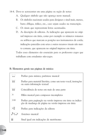14-4. Deve-se acrescentar em uma página ou seção de notas:
            A. Qualquer símbolo que não apareça neste manual.
            B. Os símbolos nacionais usados para designar o sinal mais, menos,
                barra oblíqua, itálico, etc., caso sejam usados na transcrição.
            C. Os sinais que representam letras acentuadas.
            D. As descrições de editoras. As indicações que aparecem no origi-
                nal impresso em tinta, como por exemplo os números romanos
                ou arábicos que marcam as posições nos instrumentos de corda;
                indicações parecidas com setas e outros recursos visuais não mui-
                to comuns, que aparecem no original impresso em tinta.
            Todos esses elementos são essenciais para os professores cegos que
            trabalham com estudantes não-cegos.



      B. Elementos gerais nas páginas de música

       ,'        Prefixo para música; parêntese musical

       ;2        Prefixo para material literário, como um texto vocal, instruções
                 ou outra informação textual

       ;2        Coincidência de notas em mais de uma parte

       "         Hífen musical para compassos incompletos

       "3        Prefixo para paginação na versão impressa em tinta ou indica-
                 ção de mudança de página na versão impressa em tinta

       "l        Prefixo para indicações da editora

       >59       Asterisco musical

       7         Sinal igual em indicações de metrônomo



148
 