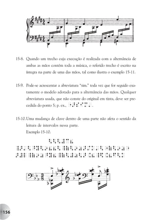 15-8. Quando um trecho cuja execução é realizada com a alternância de
            ambas as mãos contém toda a música, o referido trecho é escrito na
            íntegra na parte de uma das mãos, tal como ilustra o exemplo 15-11.


      15-9. Pode-se acrescentar a abreviatura “sim.” toda vez que for seguido exa-
            tamente o modelo adotado para a alternância das mãos. Qualquer
            abreviatura usada, que não conste do original em tinta, deve ser pre-
            cedida do ponto 5; p. ex., ">siM'.


      15-10. Uma mudança de clave dentro de uma parte não afeta o sentido da
            leitura de intervalos nessa parte.
            Exemplo 15-10.




156
 