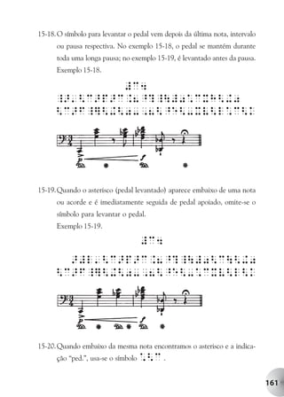 15-18. O símbolo para levantar o pedal vem depois da última nota, intervalo
      ou pausa respectiva. No exemplo 15-18, o pedal se mantém durante
      toda uma longa pausa; no exemplo 15-19, é levantado antes da pausa.
      Exemplo 15-18.




15-19. Quando o asterisco (pedal levantado) aparece embaixo de uma nota
      ou acorde e é imediatamente seguida de pedal apoiado, omite-se o
      símbolo para levantar o pedal.
      Exemplo 15-19.




15-20. Quando embaixo da mesma nota encontramos o asterisco e a indica-
      ção “ped.”, usa-se o símbolo *<c .


                                                                              161
 