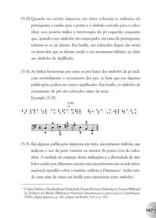 15-29. Quando na versão impressa em tinta colocam-se embaixo do
         pentagrama a cunha para a ponta e o símbolo curvado para o calca-
         nhar, essa posicão indica a intervenção do pé esquerdo; enquanto
         que, quando estes símbolos são empregados em cima do pentagrama,
         referem-se ao pé direito. Em braille, são colocados depois das notas
         ou intervalos que as afetam, sendo o seu tratamento idêntico ao dado
         aos símbolos de dedilhado.


15-30. As linhas horizontais por cima ou por baixo dos símbolos de pé indi-
         cam normalmente o cruzamento dos pés, se bem que em algumas
         publicações podem ter outros significados. Em braille, os símbolos de
         cruzamento de pés são colocados antes da nota.
         Exemplo 15-30.




15-31. Em algumas publicações impressas em tinta, encontramos símbolos que
         indicam o uso da parte exterior ou interior da ponta e/ou do calca-
         nhar. A raridade do emprego destas indicações e a diversidade de sím-
         bolos usados por diferentes autores não incentivaram um acordo inter-
         nacional específico sobre a matéria, embora a Dinamarca1 tenha cria-
         do uma série de sinais em braille para representar estes símbolos.

1
    O. Kjær Nielsen. Den Brailleske Nodeskrift, Dansk Revision. København: Statens Bibliotek
    og Trykkeri for Blinde [Biblioteca Nacional Dinamarquesa para Cegos], Copenhague,
    1978), edição impressa, p. 161; edição em Braille, Vol. 1, p. 143.



                                                                                               167
 
