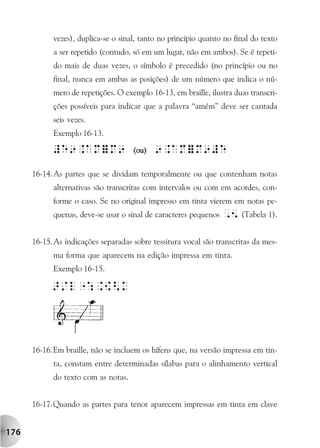 vezes), duplica-se o sinal, tanto no princípio quanto no final do texto
            a ser repetido (contudo, só em um lugar, não em ambos). Se é repeti-
            do mais de duas vezes, o símbolo é precedido (no princípio ou no
            final, nunca em ambas as posições) de um número que indica o nú-
            mero de repetições. O exemplo 16-13, em braille, ilustra duas transcri-
            ções possíveis para indicar que a palavra “amém” deve ser cantada
            seis vezes.
            Exemplo 16-13.



      16-14. As partes que se dividam temporalmente ou que contenham notas
            alternativas são transcritas com intervalos ou com em acordes, con-
            forme o caso. Se no original impresso em tinta vierem em notas pe-
            quenas, deve-se usar o sinal de caracteres pequenos ,5 (Tabela 1).


      16-15. As indicações separadas sobre tessitura vocal são transcritas da mes-
            ma forma que aparecem na edição impressa em tinta.
            Exemplo 16-15.




      16-16.Em braille, não se incluem os hífens que, na versão impressa em tin-
            ta, constam entre determinadas sílabas para o alinhamento vertical
            do texto com as notas.


      16-17.Quando as partes para tenor aparecem impressas em tinta em clave


176
 