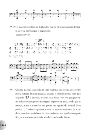 19-10. Os intervalos podem ser duplicados, mas se há uma mudança de filei-
            ra deve-se interromper a duplicação.
            Exemplo 19-10.




      19-11. Quando na mão esquerda há uma mudança do sistema de acordes
            para o sistema de notas únicas, e quando o símbolo normal para mão
            esquerda   _> é inserido, incluem-se as letras “bar” ou qualquer ou-
            tra indicação que apareça no original impresso em tinta, sendo que as
            oitavas, notas e intervalos recuperam seu significado normal. Se o
            prefixo ,> voltar a aparecer, é sinal do retorno ao sistema de acor-
            des e, com isso, os símbolos de oitava voltam a seu significado especí-
            fico para a mão esquerda do acordeon, indicando fileiras.


208
 