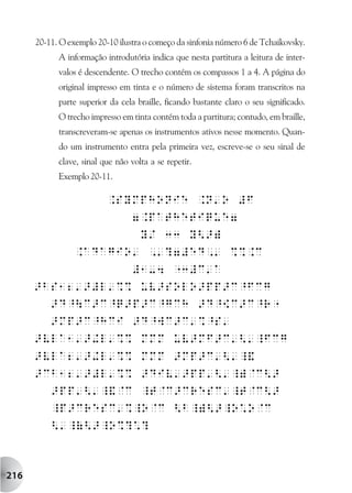20-11. O exemplo 20-10 ilustra o começo da sinfonia número 6 de Tchaikovsky.
            A informação introdutória indica que nesta partitura a leitura de inter-
            valos é descendente. O trecho contém os compassos 1 a 4. A página do
            original impresso em tinta e o número de sistema foram transcritos na
            parte superior da cela braille, ficando bastante claro o seu significado.
            O trecho impresso em tinta contém toda a partitura; contudo, em braille,
            transcreveram-se apenas os instrumentos ativos nesse momento. Quan-
            do um instrumento entra pela primeira vez, escreve-se o seu sinal de
            clave, sinal que não volta a se repetir.
            Exemplo 20-11.




216
 