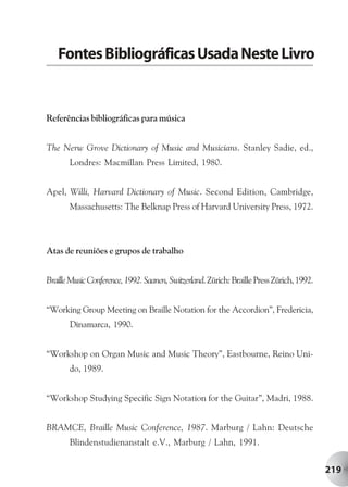 Fontes Bibliográficas Usada Neste Livro


Referências bibliográficas para música


The Nerw Grove Dictionary of Music and Musicians. Stanley Sadie, ed.,
       Londres: Macmillan Press Limited, 1980.


Apel, Willi, Harvard Dictionary of Music. Second Edition, Cambridge,
       Massachusetts: The Belknap Press of Harvard University Press, 1972.



Atas de reuniões e grupos de trabalho


Braille Music Conference, 1992. Saanen, Switzerland. Zürich: Braille Press Zürich, 1992.


“Working Group Meeting on Braille Notation for the Accordion”, Fredericia,
       Dinamarca, 1990.


“Workshop on Organ Music and Music Theory”, Eastbourne, Reino Uni-
       do, 1989.


“Workshop Studying Specific Sign Notation for the Guitar”, Madri, 1988.


BRAMCE, Braille Music Conference, 1987. Marburg / Lahn: Deutsche
       Blindenstudienanstalt e.V., Marburg / Lahn, 1991.


                                                                                           219
 