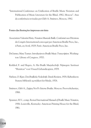 “International Conference on Unification of Braille Music Notation and
            Publication of Music Literature for the Blind, 1982, Moscou”. Atas
            da conferência revisadas por Gleb A. Smirnov, Moscou, 1982.



      Fontes das ilustrações impressas em tinta


      Association Valentin Haüy. Notation Musicale Baille. Conformé aux Décisions
            du Congrès International convoqué par American Braille Press, Inc.,
            à París, en Avril, 1929. París: American Braille Press, Inc.


      DeGarmo, Mary Turner. Introduction to Braille Music Transcription. Washing-
            ton: Library of Congress, 1970.


      Kerkhof, F. and Slegers, A. Het Braille Muziekschrift. Nijmegen: Instituut
            “Henricus” voor Visueel Gehandicapten, 1979.


      Nielsen, O. Kjær. Den Brailleske Nodeskrift. Dansk Revision, 1976. København:
            Statens bibliotek og trykkeri for blinde, 1978.


      Smirnov, Gleb A., Zappsy Not Po Sisteme Brailia. Moscou: Prosveshcheniye,
            1988.


      Spanner, H.V., comp. Revised International Manual of Braille Music Notation,
            1956. Louisville, Kentucky: American Printing House for the Blind,
            1961.




220
 