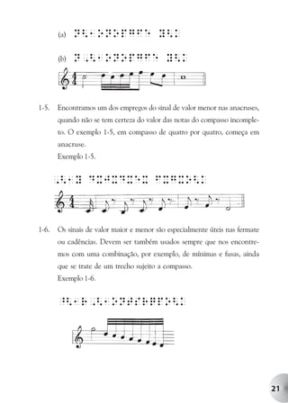 (a)   N<1oNopgFe Y<k

       (b)   N,<1oNopgFe Y<k



1-5.   Encontramos um dos empregos do sinal de valor menor nas anacruses,
       quando não se tem certeza do valor das notas do compasso incomple-
       to. O exemplo 1-5, em compasso de quatro por quatro, começa em
       anacruse.
       Exemplo 1-5.


       ,<1Y DXJXDXeX FXgXo<k



1-6.   Os sinais de valor maior e menor são especialmente úteis nas fermate
       ou cadências. Devem ser também usados sempre que nos encontre-
       mos com uma combinação, por exemplo, de mínimas e fusas, ainda
       que se trate de um trecho sujeito a compasso.
       Exemplo 1-6.


       ^<1R,<1oNTsRqpo<k




                                                                              21
 