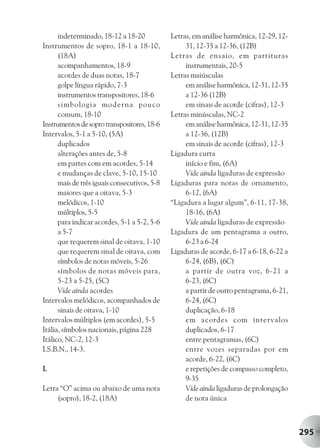 indeterminado, 18-12 a 18-20            Letras, em análise harmônica, 12-29, 12-
Instrumentos de sopro, 18-1 a 18-10,               31, 12-35 a 12-36, (12B)
      (18A)                                   Letras de ensaio, em partituras
      acompanhamentos, 18-9                        instrumentais, 20-5
      acordes de duas notas, 18-7             Letras maiúsculas
      golpe língua rápido, 7-3                     em análise harmônica, 12-31, 12-35
      instrumentos transpositores, 18-6            a 12-36 (12B)
      simbologia moderna pouco                     em sinais de acorde (cifras), 12-3
      comum, 18-10                            Letras minúsculas, NC-2
Instrumentos de sopro transpositores, 18-6         em análise harmônica, 12-31, 12-35
Intervalos, 5-1 a 5-10, (5A)                       a 12-36, (12B)
      duplicados                                   em sinais de acorde (cifras), 12-3
      alterações antes de, 5-8                Ligadura curta
      em partes com em acordes, 5-14               início e fim, (6A)
      e mudanças de clave, 5-10, 15-10             Vide ainda ligaduras de expressão
      mais de três iguais consecutivos, 5-8   Ligaduras para notas de ornamento,
      maiores que a oitava, 5-3                    6-12, (6A)
      melódicos, 1-10                         “Ligadura a lugar algum”, 6-11, 17-38,
      múltiplos, 5-5                               18-16, (6A)
      para indicar acordes, 5-1 a 5-2, 5-6         Vide ainda ligaduras de expressão
      a 5-7                                   Ligadura de um pentagrama a outro,
      que requerem sinal de oitava, 1-10           6-23 a 6-24
      que requerem sinal de oitava, com       Ligaduras de acorde, 6-17 a 6-18, 6-22 a
      símbolos de notas móveis, 5-26               6-24, (6B), (6C)
      símbolos de notas móveis para,               a partir de outra voz, 6-21 a
      5-23 a 5-25, (5C)                            6-23, (6C)
      Vide ainda acordes                           a partir de outro pentagrama, 6-21,
Intervalos melódicos, acompanhados de              6-24, (6C)
      sinais de oitava, 1-10                       duplicação, 6-18
Intervalos múltiplos (em acordes), 5-5             em acordes com intervalos
Itália, símbolos nacionais, página 228             duplicados, 6-17
Itálico, NC-2, 12-3                                entre pentagramas, (6C)
I.S.B.N., 14-3.                                    entre vozes separadas por em
                                                   acorde, 6-22, (6C)
L                                                  e repetições de compasso completo,
                                                   9-35
Letra “O” acima ou abaixo de uma nota              Vide ainda ligaduras de prolongação
     (sopro), 18-2, (18A)                          de nota única



                                                                                         295
 