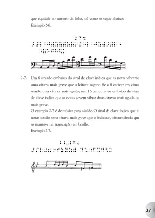 que equivale ao número da linha, tal como se segue abaixo:
       Exemplo 2-6.


                  #D4
       >#l^J)z()z(>+"l"Jz)>#l"
         "(eJH<k



2-7.   Um 8 situado embaixo do sinal de clave indica que as notas vibrarão
       uma oitava mais grave que a leitura sugere. Se o 8 estiver em cima,
       soarão uma oitava mais aguda; um 16 em cima ou embaixo do sinal
       de clave indica que as notas devem vibrar duas oitavas mais aguda ou
       mais grave.
       O exemplo 2-7 é de música para alaúde. O sinal de clave indica que as
       notas soarão uma oitava mais grave que o indicado, circunstância que
       se manteve na transcrição em braille.
       Exemplo 2-7.


              <<#c8
       >/l#8"JzYz) D*"F%g<k




                                                                               27
 
