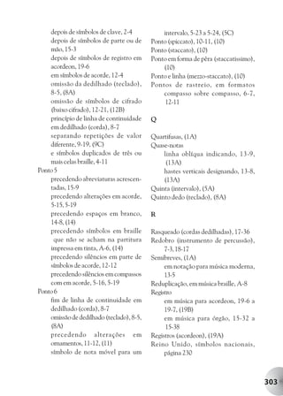 depois de símbolos de clave, 2-4           intervalo, 5-23 a 5-24, (5C)
    depois de símbolos de parte ou de      Ponto (spiccato), 10-11, (10)
    mão, 15-3                              Ponto (staccato), (10)
    depois de símbolos de registro em      Ponto em forma de pêra (staccatissimo),
    acordeon, 19-6                             (10)
    em símbolos de acorde, 12-4            Ponto e linha (mezzo-staccato), (10)
    omissão da dedilhado (teclado),        Pontos de rastreio, em formatos
    8-5, (8A)                                  compasso sobre compasso, 6-7,
    omissão de símbolos de cifrado              12-11
    (baixo cifrado), 12-21, (12B)
    princípio de linha de continuidade     Q
    em dedilhado (corda), 8-7
    separando repetições de valor          Quartifusas, (1A)
    diferente, 9-19, (9C)                  Quase-notas
    e símbolos duplicados de três ou           linha oblíqua indicando, 13-9,
    mais celas braille, 4-11                    (13A)
Ponto 5                                        hastes verticais designando, 13-8,
    precedendo abreviaturas acrescen-          (13A)
    tadas, 15-9                            Quinta (intervalo), (5A)
    precedendo alterações em acorde,       Quinto dedo (teclado), (8A)
    5-15, 5-19
    precedendo espaços em branco,          R
    14-8, (14)
    precedendo símbolos em braille         Rasqueado (cordas dedilhadas), 17-36
      que não se acham na partitura        Redobro (instrumento de percussão),
    impressa em tinta, A-6, (14)                7-3, 18-17
    precedendo silêncios em parte de       Semibreves, (1A)
    símbolos de acorde, 12-12                   em notação para música moderna,
    precedendo silêncios em compassos           13-5
    com em acorde, 5-16, 5-19              Reduplicação, em música braille, A-8
Ponto 6                                    Registro
    fim de linha de continuidade em             em música para acordeon, 19-6 a
    dedilhado (corda), 8-7                      19-7, (19B)
    omissão de dedilhado (teclado), 8-5,        em música para órgão, 15-32 a
    (8A)                                         15-38
    precedendo alterações em               Registros (acordeon), (19A)
    ornamentos, 11-12, (11)                Reino Unido, símbolos nacionais,
    símbolo de nota móvel para um               página 230



                                                                                     303
 